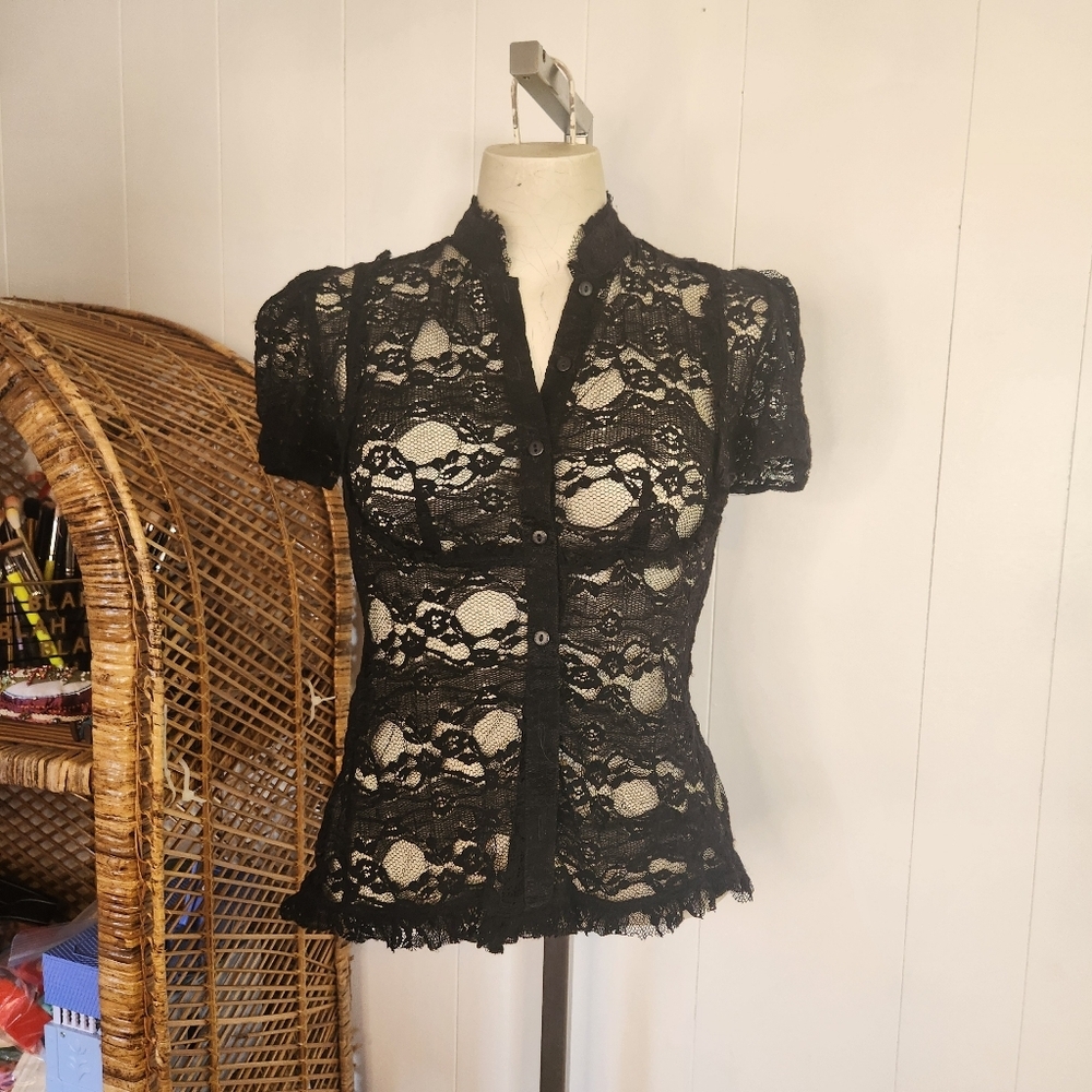 Y2K Whimsigoth Black Sheer Lace Top Blouse Shirt Vintage Size Small Goth Grunge - Picture 7 of 13